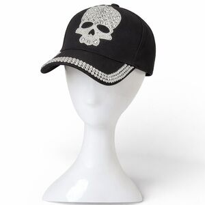 New Women's Skull Rhinestone & Black Bling Baseball Cap Adjustable Fashion Hat